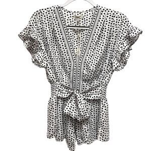 Max Studio Black & White Polka Dot Ruffle Blouse V Neck Tie Front Size - S  NWT